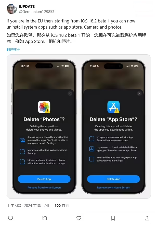 海林苹果手机维修分享iOS 18.2 支持删除 App Store 应用商店 
